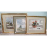 Three framed watercolours: to include J Fletcher-Watson - a Dinton street scene  18" x 12"