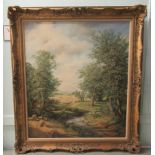 Victor Elford - a spring landscape with a man and his dog by a stream and farmland beyond  oil on