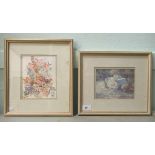 Jackie Simmonds - a garden setting  coloured print  6" x 5"  framed; an another, still life