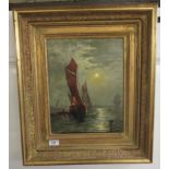 C J W - a moonlit harbour scene  oil on canvas  bears initials  11" x 14"  framed