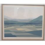 J.Ma**in - a landscape patchwork of fields  Limited Edition 63/100 coloured print  bears a pencil