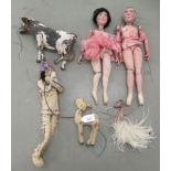 Six 20thC and later puppets: to include a papier mache cow; and two ballerinas