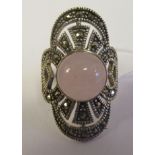 A silver Art Deco design rose quartz and marcasite set ring  stamped 920