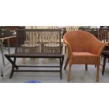 A modern stained oak folding double garden seat of railed design  38.5"w; and a Loom style tub