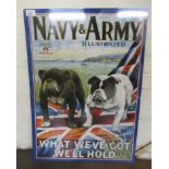 A modern printed metal sign 'Navy and Army'  19.5'' x 27.5''