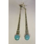 A pair of silver coloured metal, turquoise set and marcasite pendant earrings
