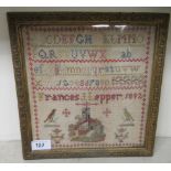 A late Victorian sampler, featuring letters, numbers and animals, worked by one Frances Lopper in