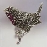 A silver and marcasite robin brooch, set with rubies