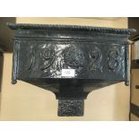 A black painted cast iron rainwater hopper, dated 1928  12"h  14"w