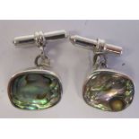 A pair of silver and mother-of-pearl set tablet and chain cufflinks