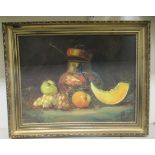 A Lxxx - a still life study, soft fruit and a jug on a ledge  oil on canvas  bears an indistinct