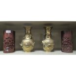 Oriental collectables, viz. a pair of carved bamboo vases  8"h; and a pair of bronze vases,