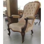 A mid Victorian mahogany showwood framed grandfather chair with open, scrolled arms, part button