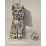 A white metal novelty scent bottle, fashioned as a seated cat