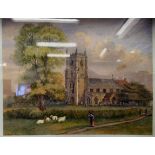 F Richardson - a figure walking beside sheep in a church courtyard  watercolour  bears a