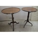 Two similar 19thC mahogany tip-top pedestal tables, raised on tripods bases  26''h 16"w  & 27''h