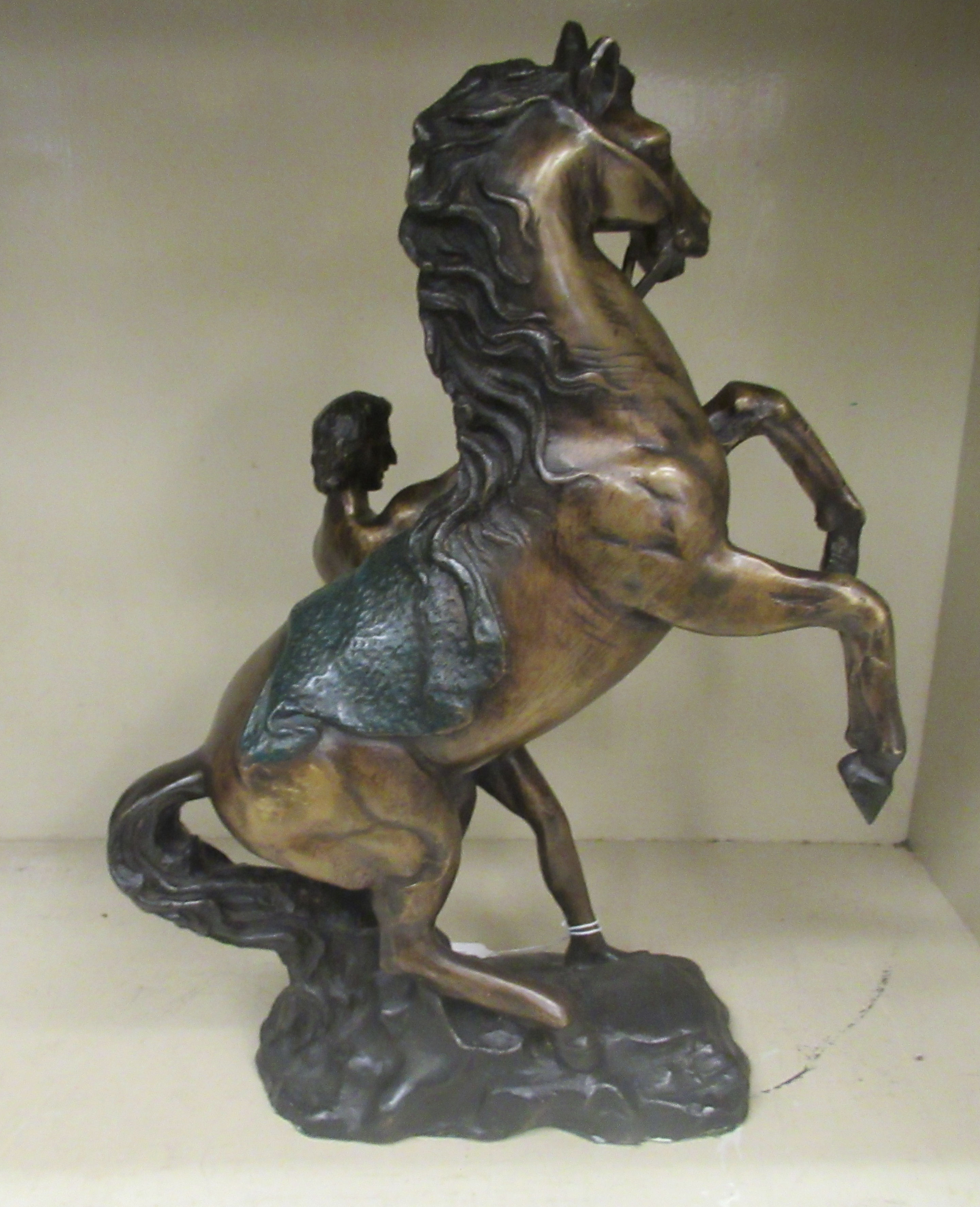 A modern cast bronze Marli inspired sculpture, a man tending to a rearing horse, on a plinth  16"h - Image 3 of 3