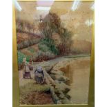 Hely-Smith - two women working on a path, in a rural setting  watercolour  bears a signature,