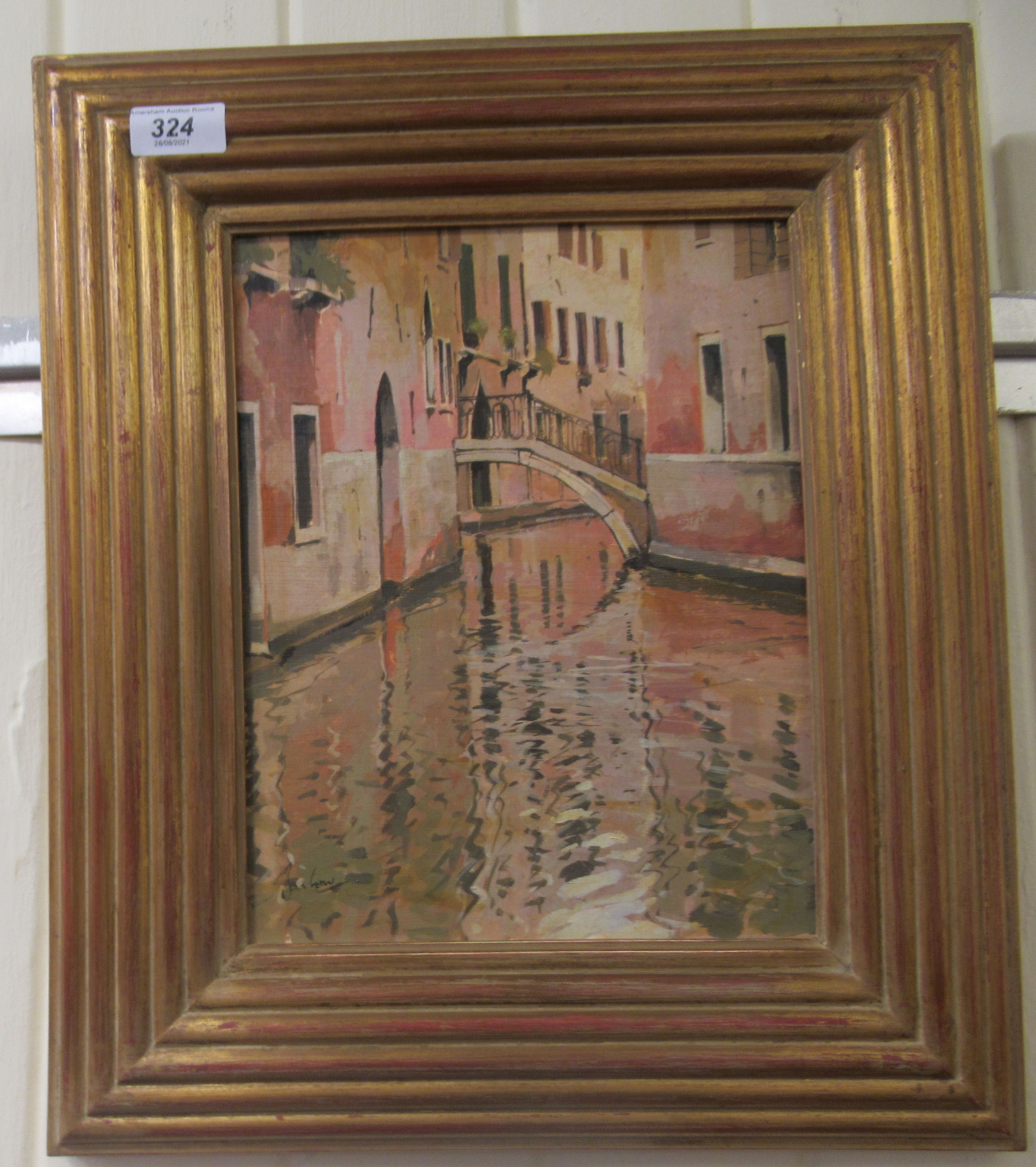 Jeremy Barlow - 'From Fond, Venice'  oil on board  bears a signature & printed label verso  11" x 9" - Image 2 of 5