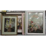 Three coloured prints, two floral studies and a nightclub interior scene  largest 19" x 24"  framed;