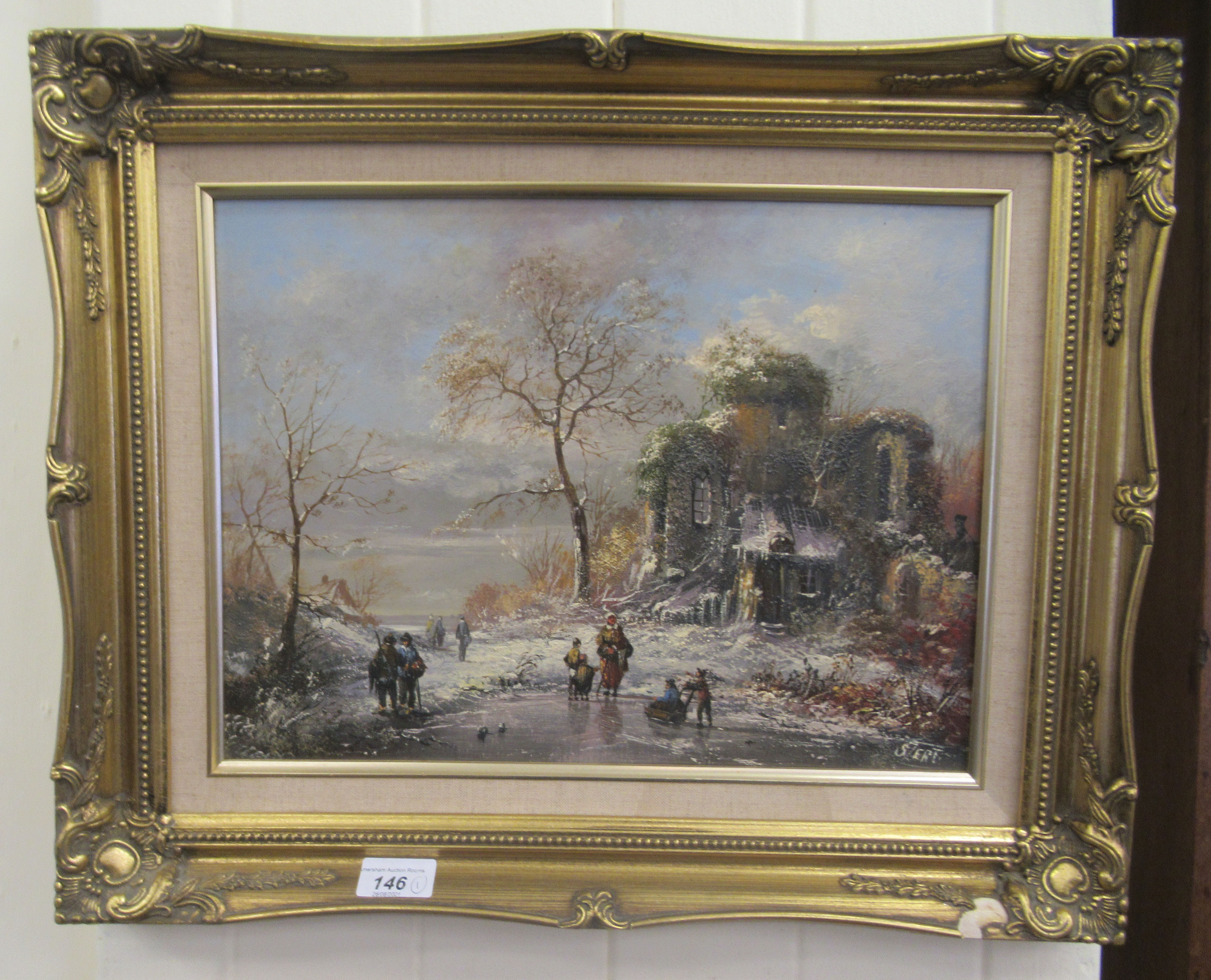 Stert - a winter landscape with figures on a frozen pond  oil on canvas  bears a signature  16" x - Image 2 of 4