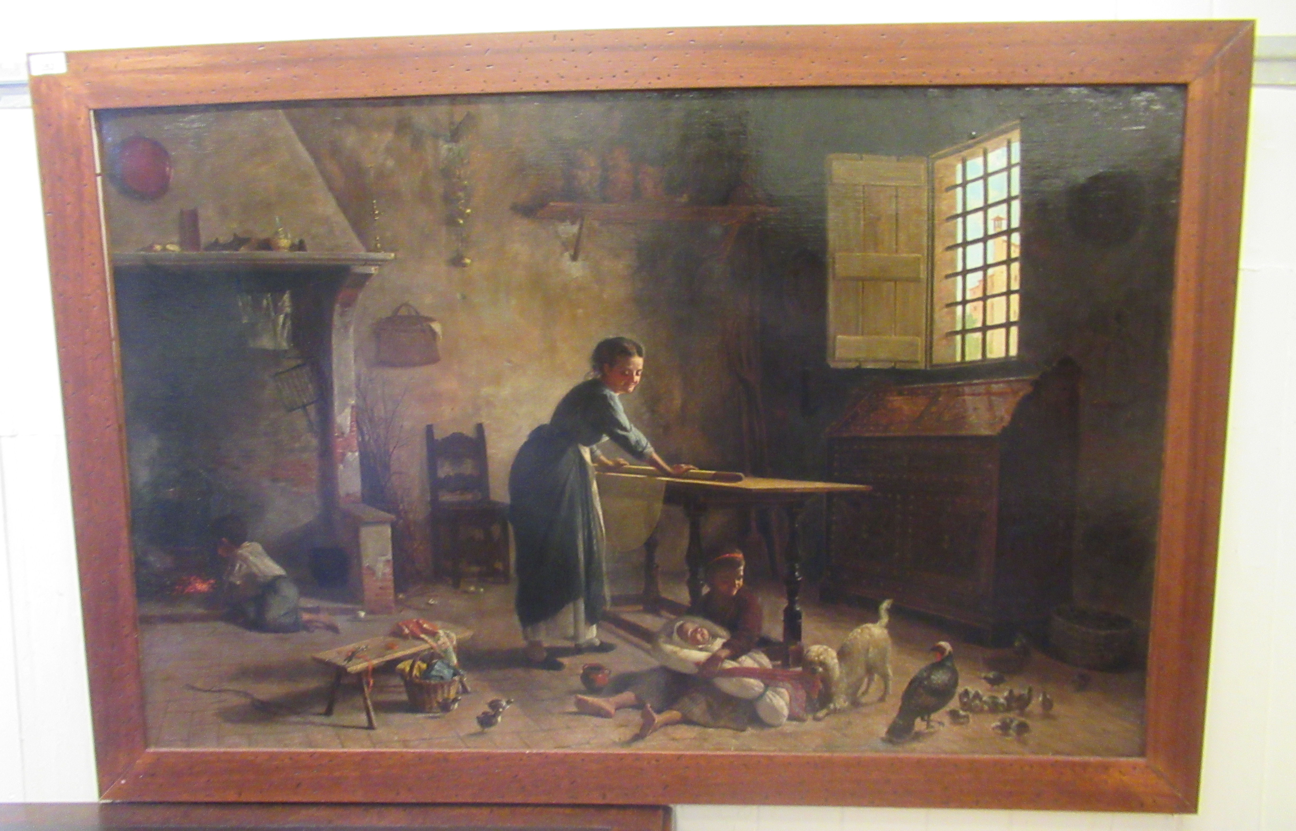 Luigi Folli - an interior scene, depicting a young woman preparing food in a kitchen, in the company - Image 2 of 7