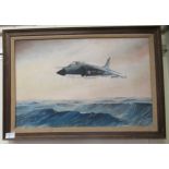 Keith Alvard - a fighter jet flying over choppy seas  oil on canvas  bears a signature  23'' x 15''