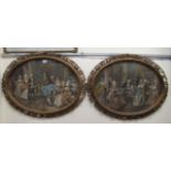 Two parlour scenes, figures wearing Regency costume  coloured prints  20" x 27" oval  framed