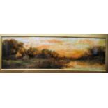 European School - a landscape at sunset with figures in a punt and another tending sheep on a