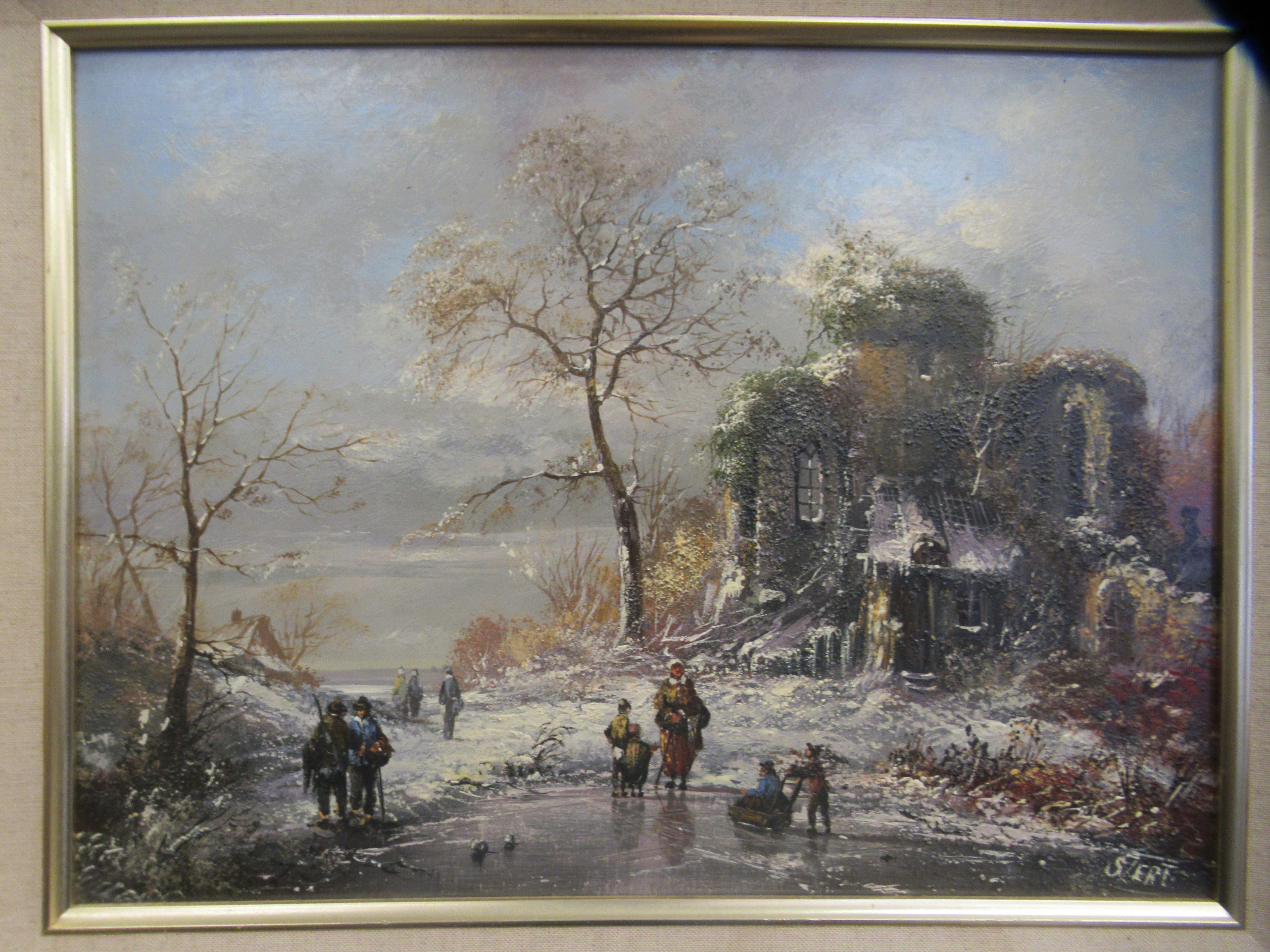Stert - a winter landscape with figures on a frozen pond  oil on canvas  bears a signature  16" x