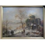 Stert - a winter landscape with figures on a frozen pond  oil on canvas  bears a signature  16" x