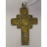 A yellow metal filigree worked pendant cross  stamped 15