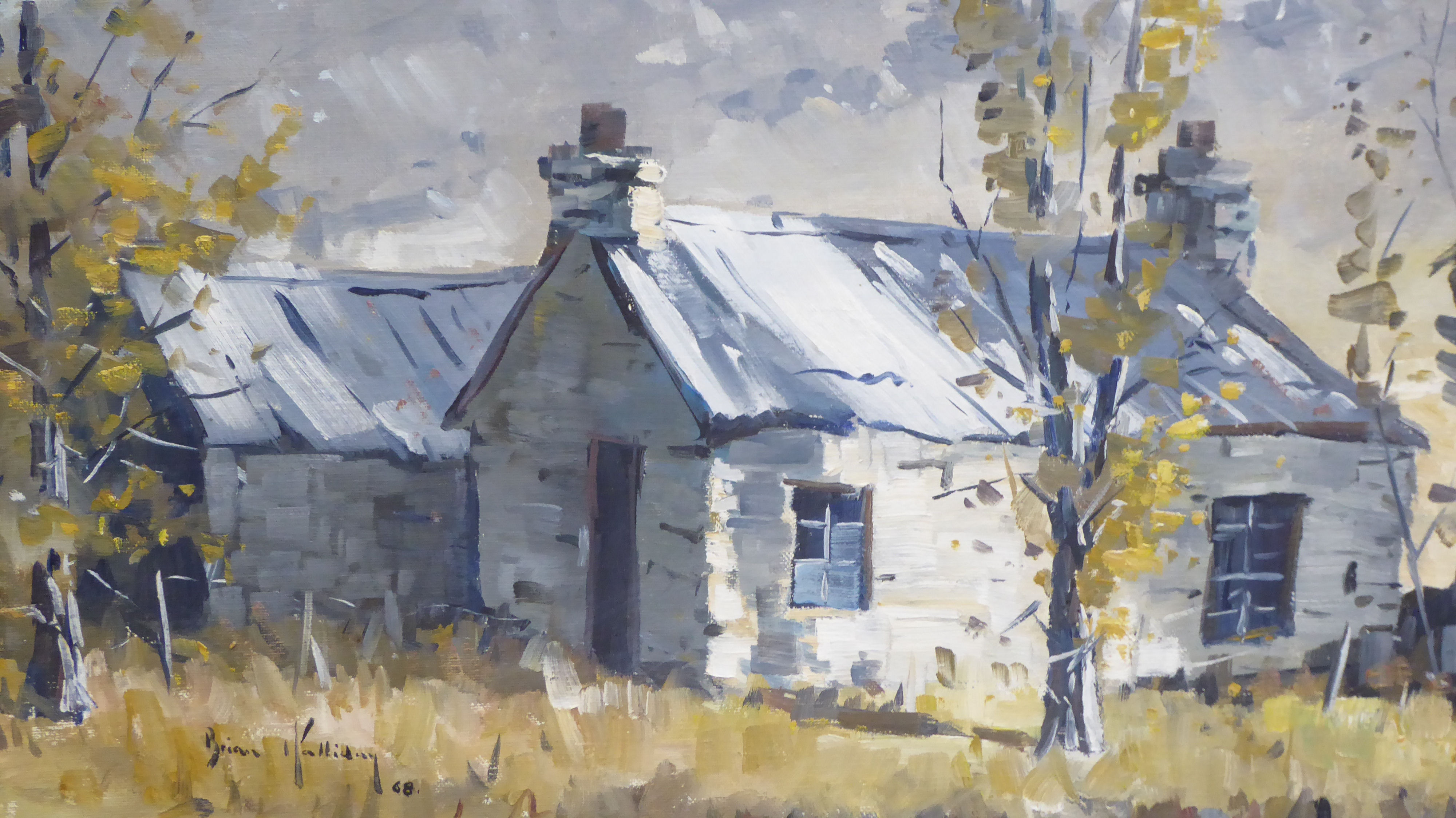 Brian Halliday - two cottages in a landscape with mountains beyond  oil on canvas  bears a signature - Image 2 of 4