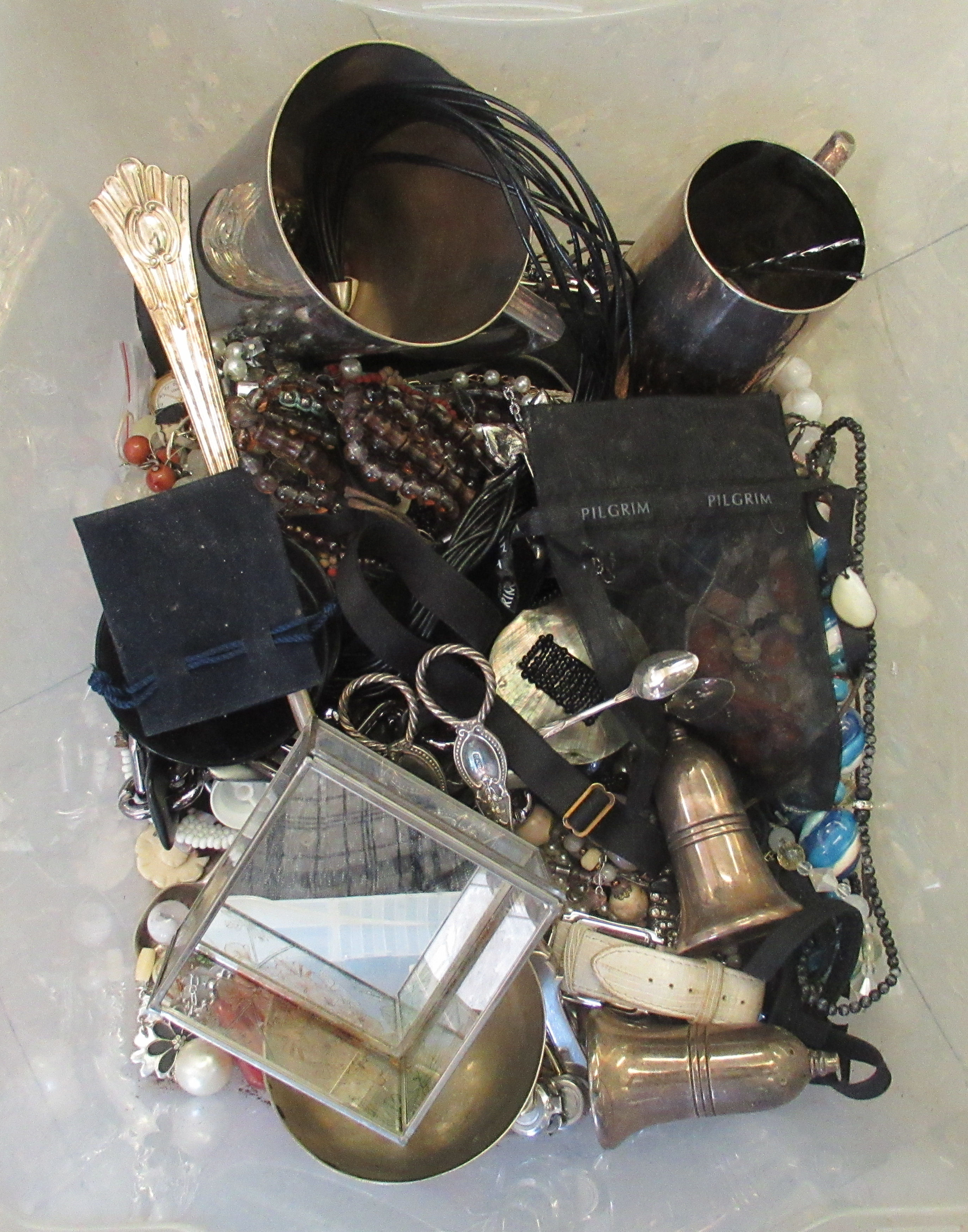 A mixed lot: to include silver plated grape scissors; and items of personal ornament