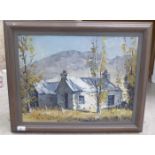 Brian Halliday - two cottages in a landscape with mountains beyond  oil on canvas  bears a signature