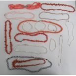 Coral and cultured pearl necklaces and bracelets of various designs