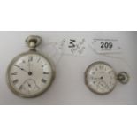 Two Waltham pocket watches, the keyless movements faced by a white enamel Roman dials, incorporating