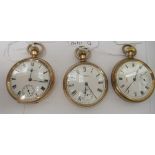 Three similar gold plated cased Waltham full hunter pocket watches, faced by white enamel Roman