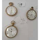 Three similar gold plated cased Waltham half hunter pocket watches, the keyless movements faced by