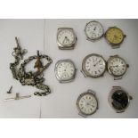 Eight various silver and white metal cased wristwatches, variously faced by Arabic and Roman dials