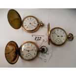 Three similar gold plated cased Waltham full hunter pocket watches, faced by white enamel Roman