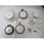 Three 19thC silver pair cased pocket watches, faced by Roman dials; and miscellaneous component