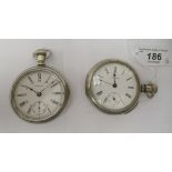 A 1901 and a 1907 nickel plated cased Waltham pocket watches, the keyless movements faced by a white