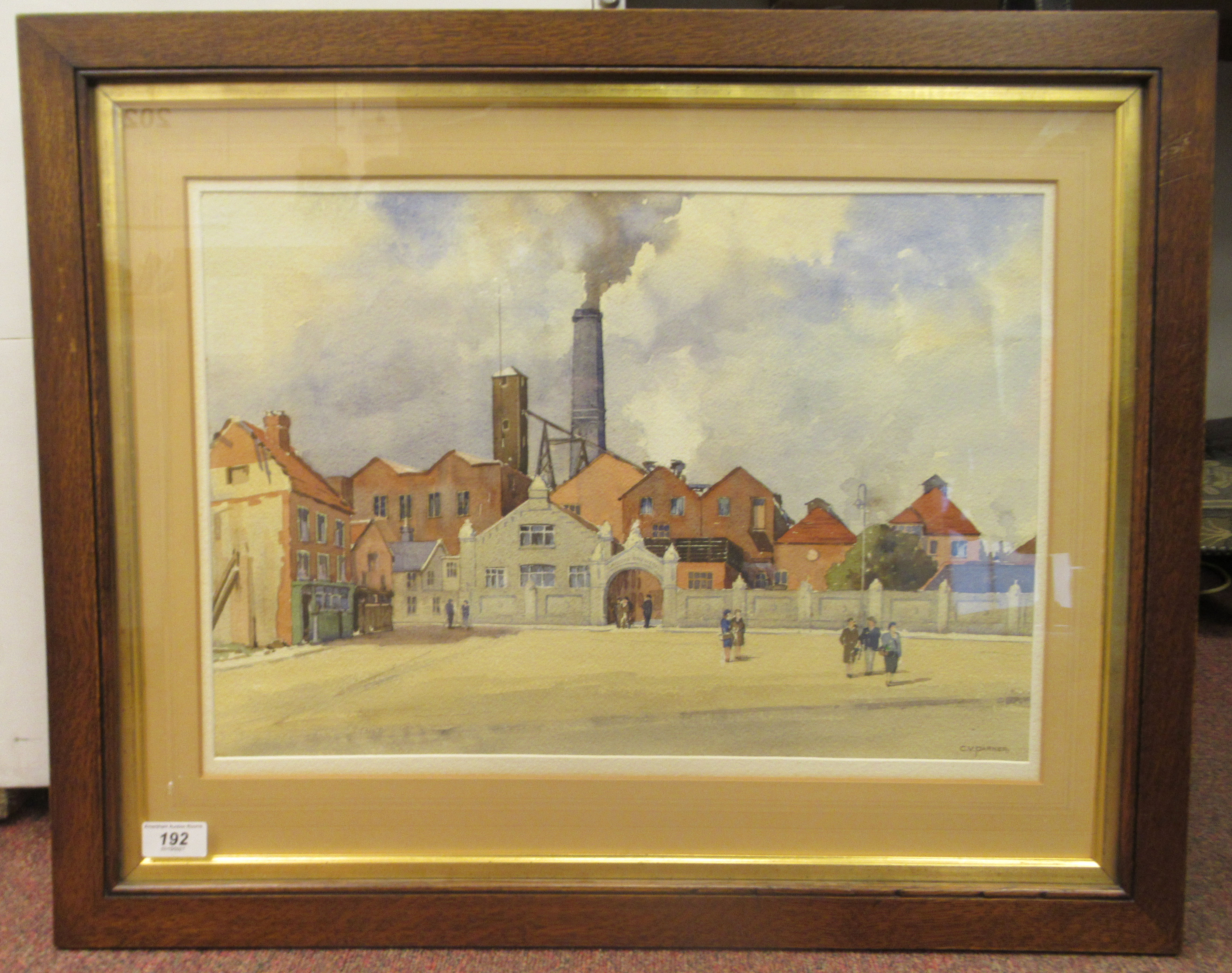 C V Parker - 'Lacons Brewery' with figures in the foreground  watercolour  bears a signature  13'' x