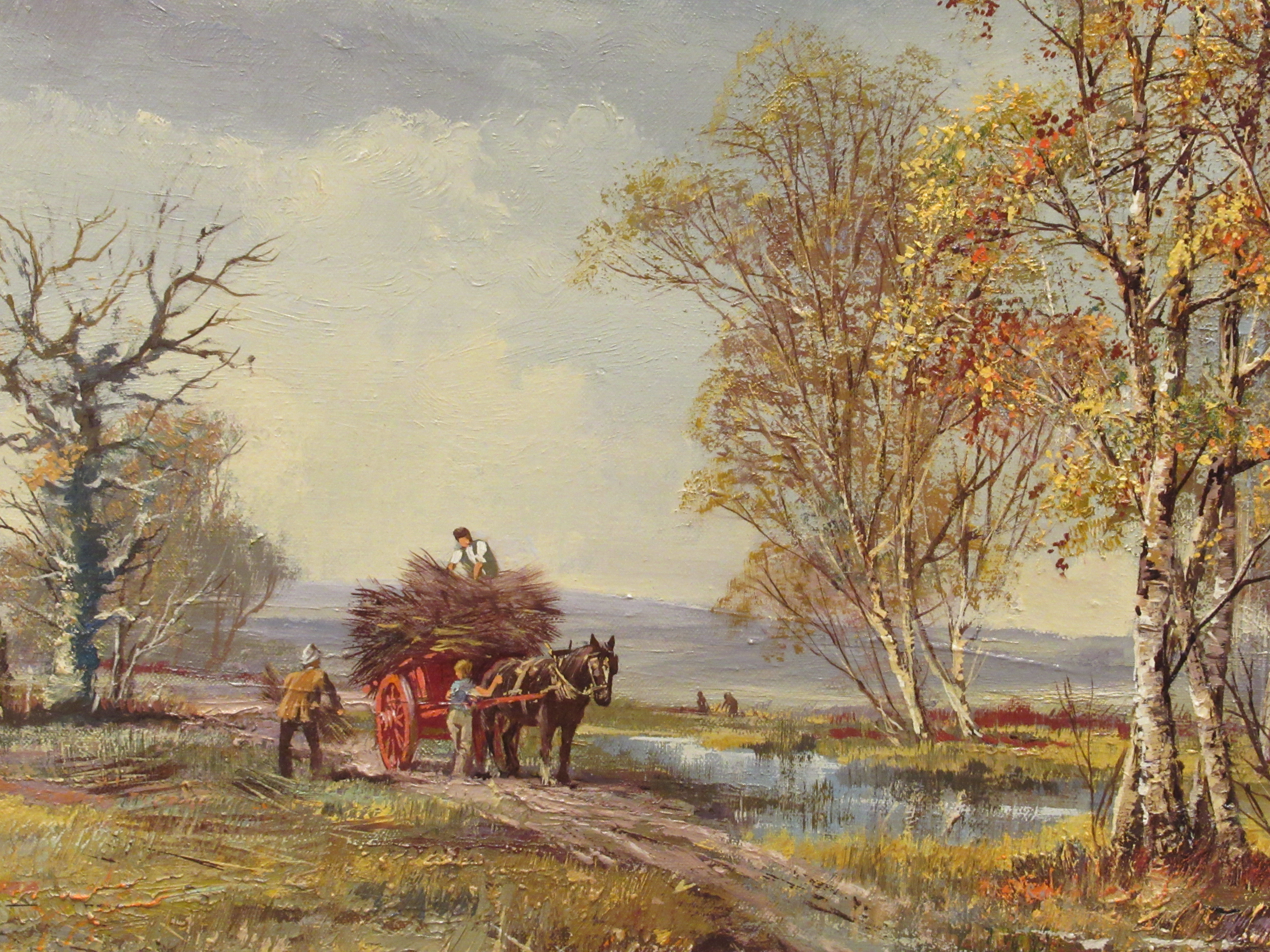 Don Vaughen - a wetland study of figures loading a horsedrawn cart  oil on canvas  bears a signature - Image 2 of 3