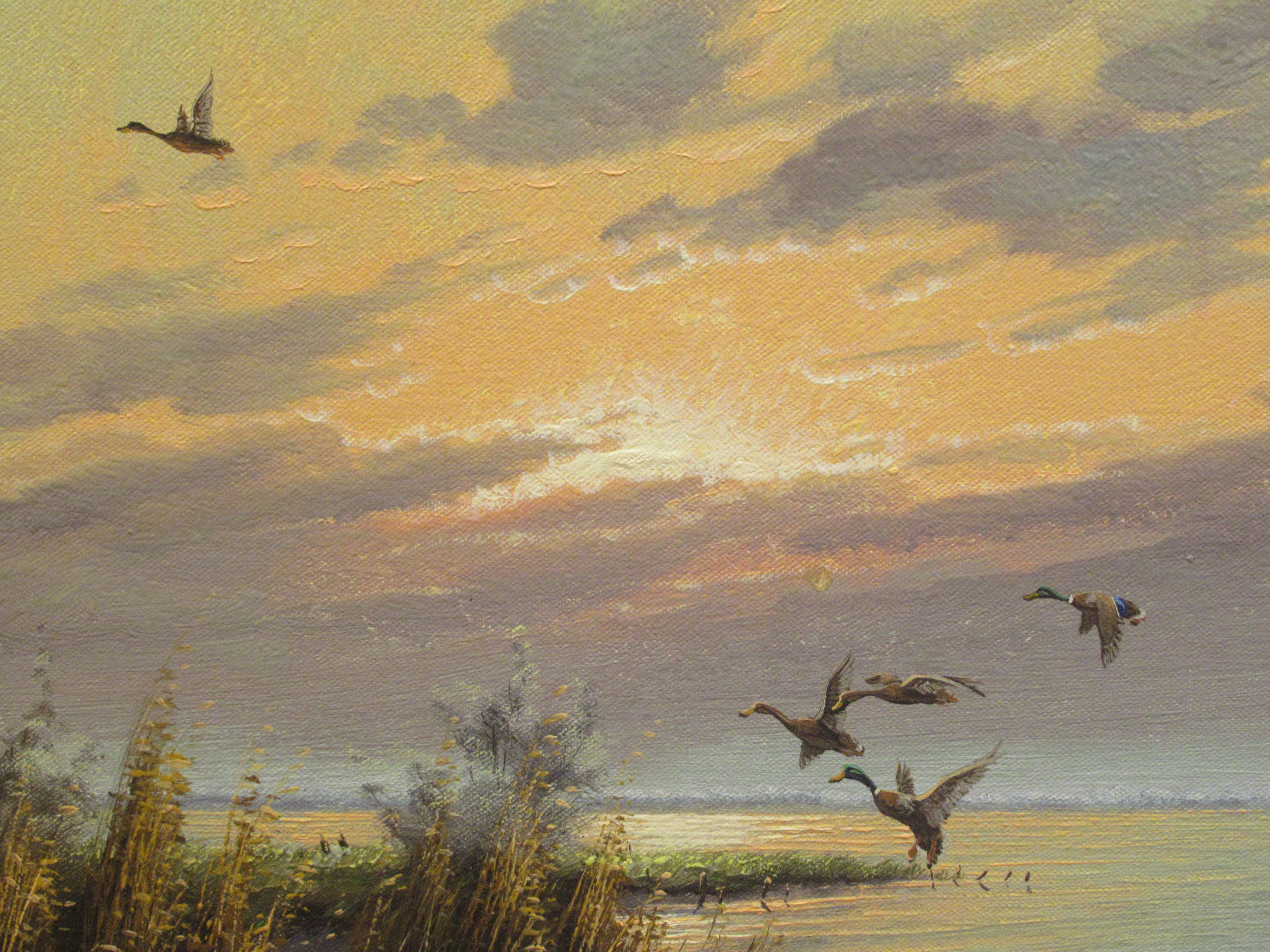 G Brouwer - Mallards over still water at dusk  oil on canvas  bears a signature  19.5'' x 23.5'' - Image 2 of 4