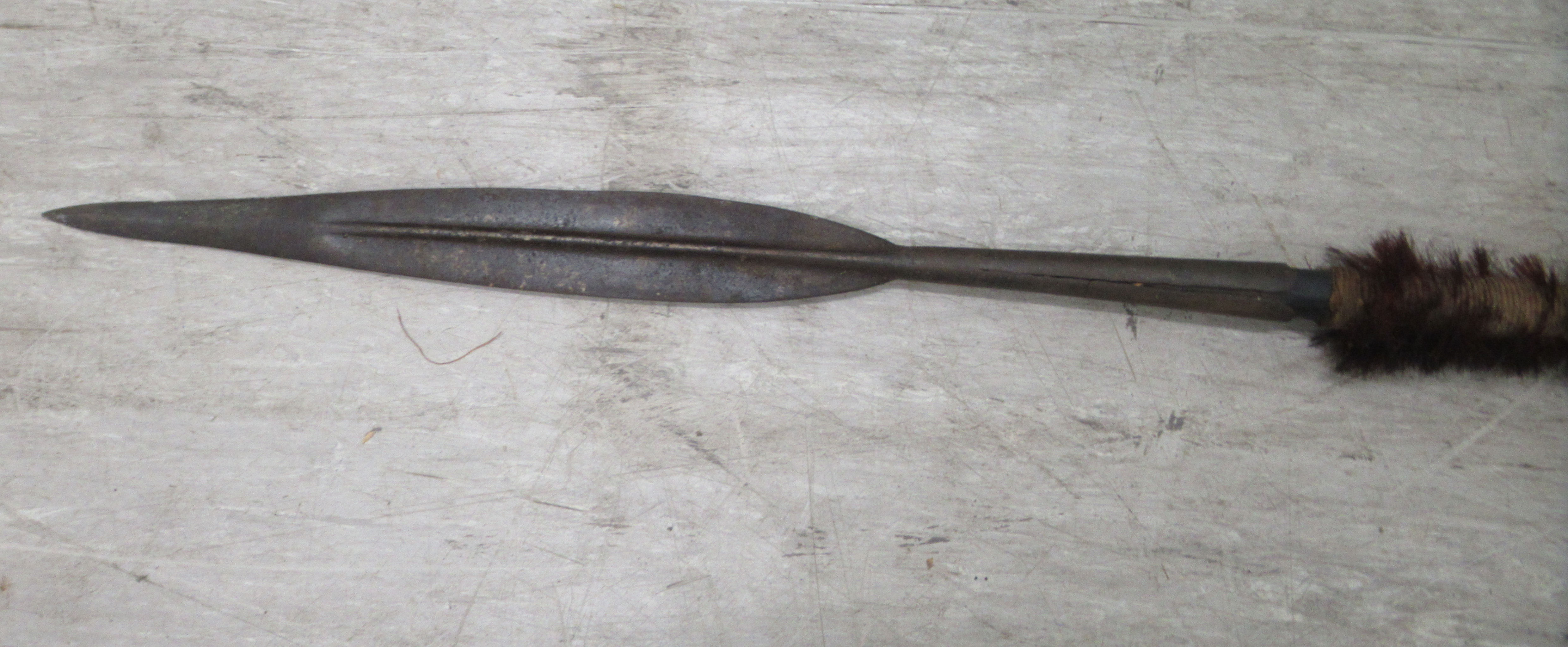 A late 19thC African Maasai spear with a leaf blade and a hair wrapped shaft  86"L - Image 6 of 7