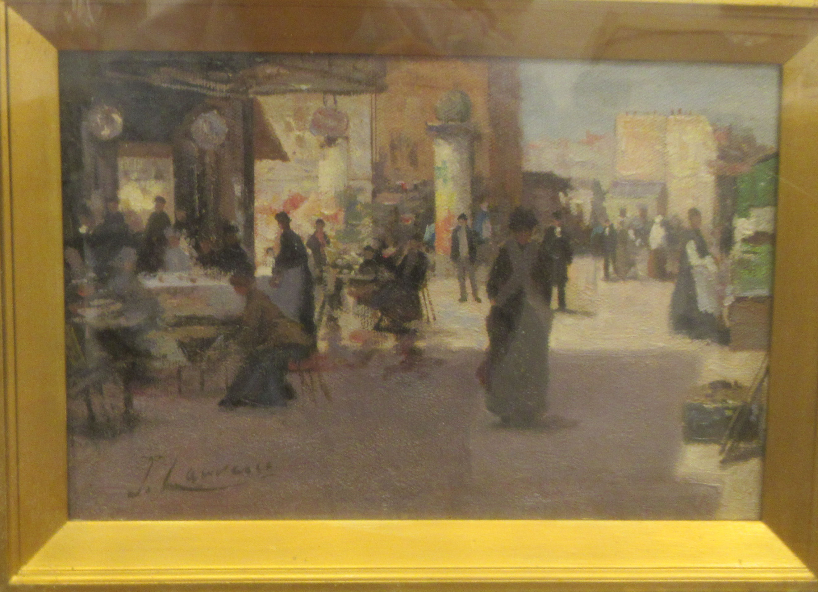 J Laurence - a street scene and market (possibly French) with figures at a café table  oil on canvas