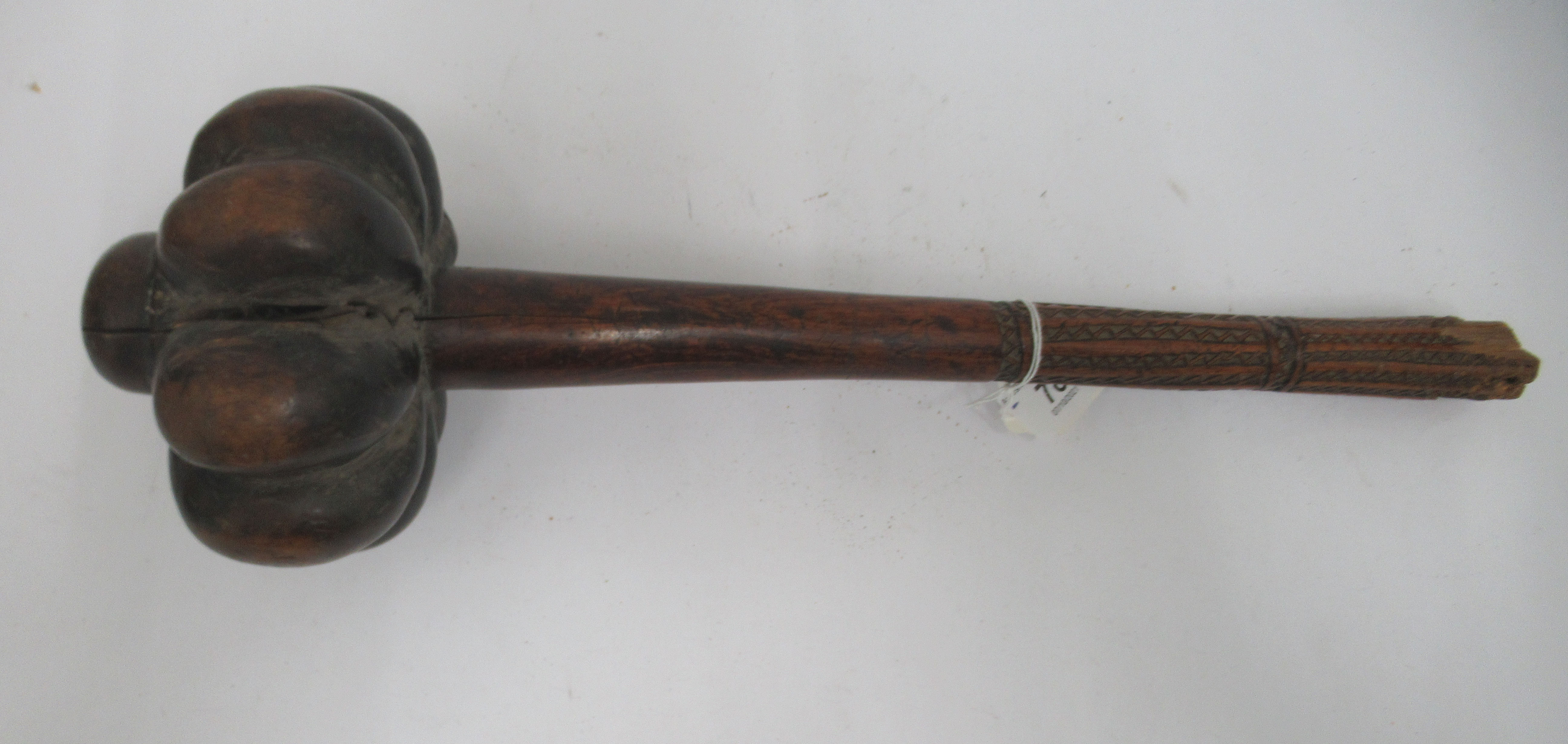 A late 19thC Fijian hardwood Iula Tavatava throwing club, the handle carved with geometric - Image 2 of 6