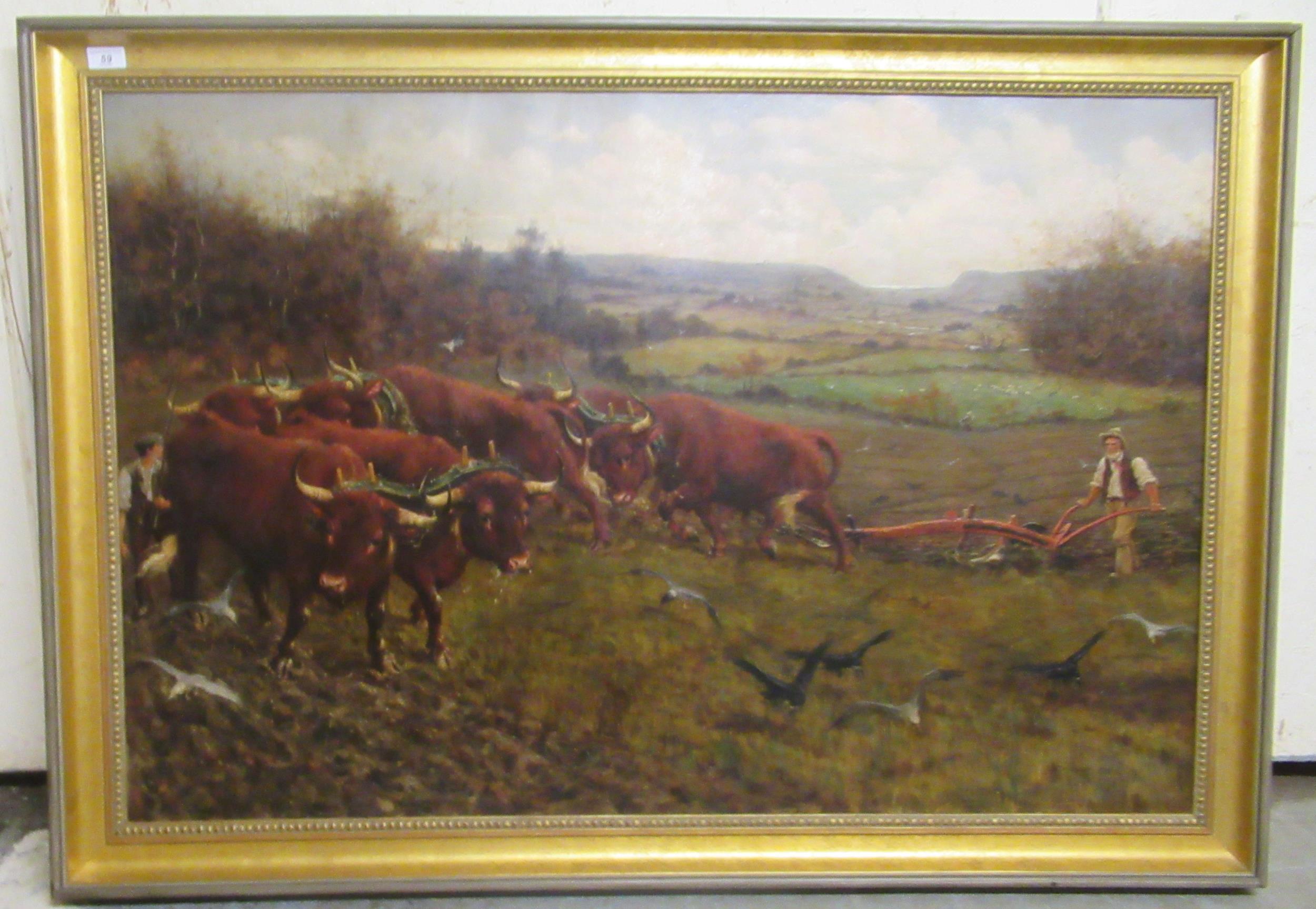 In the manner of Stanley Berkeley - ploughing with cattle in a landscape setting  oil on canvas